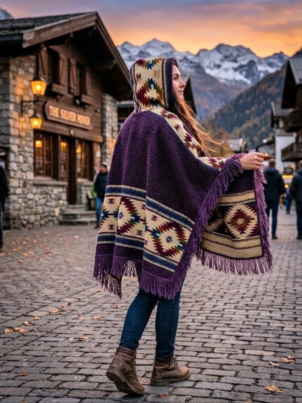 CCH Vintage 100% Wool Hooded Poncho Cape Southwestern Fringe Made in Ecuador